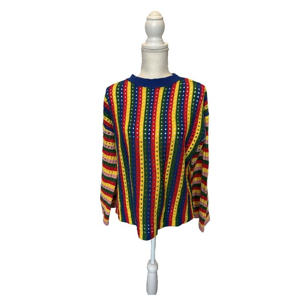 Rainbow Striped Sweater Women’s Medium Crewneck Circle Perf Groovy Retro - Picture 1 of 9